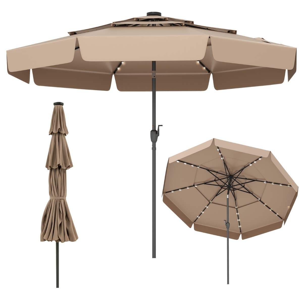 CostwayParasol de Terrasse Solaire de 300 cm avec 32 LED Toit Ventilé à 3 Niveaux Volants Réglage de l'Inclinaison 8 Baleines Marron