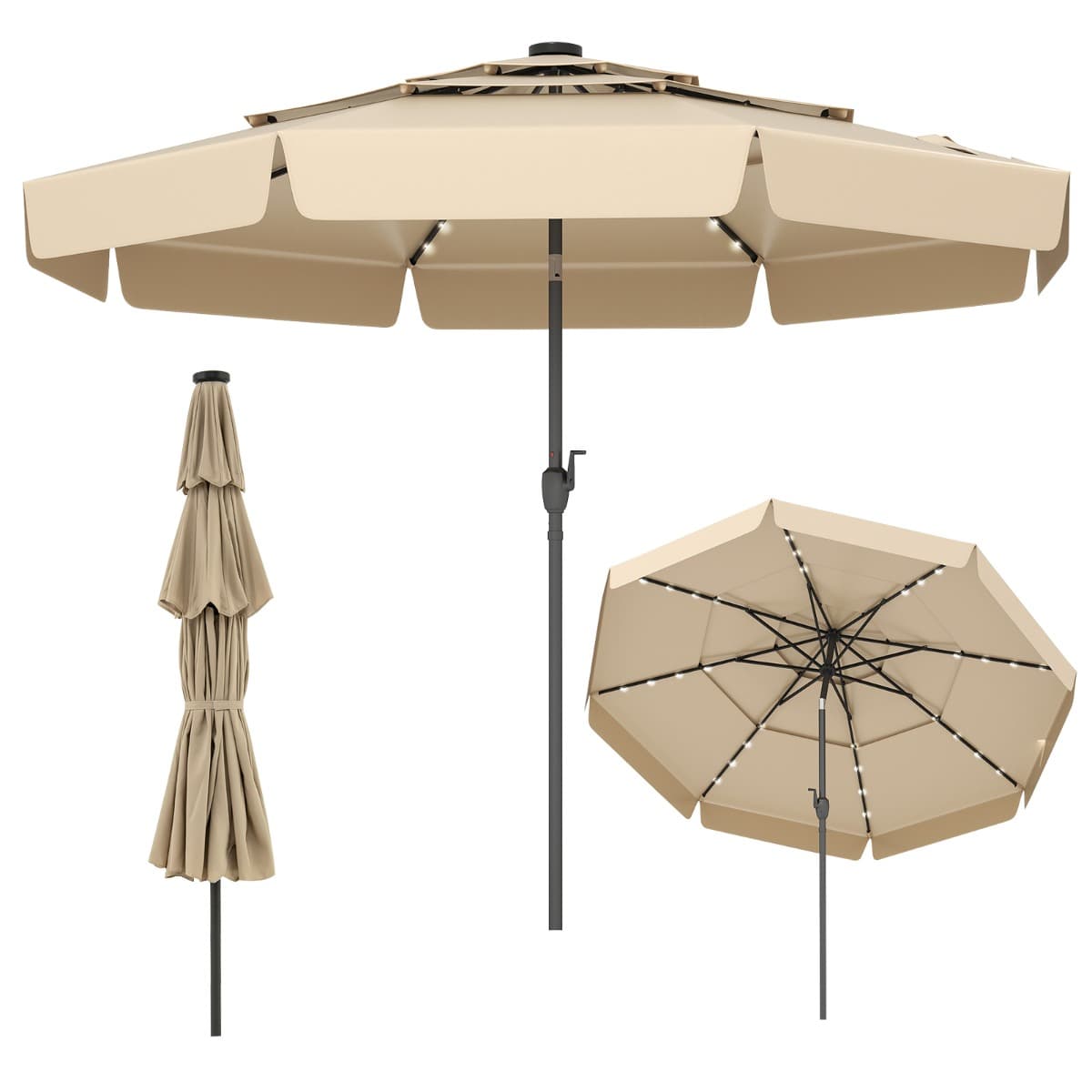 CostwayParasol de Terrasse Solaire de 300 cm avec 32 LED Toit Ventilé à 3 Niveaux Volants Réglage de l'Inclinaison 8 Baleines Beige