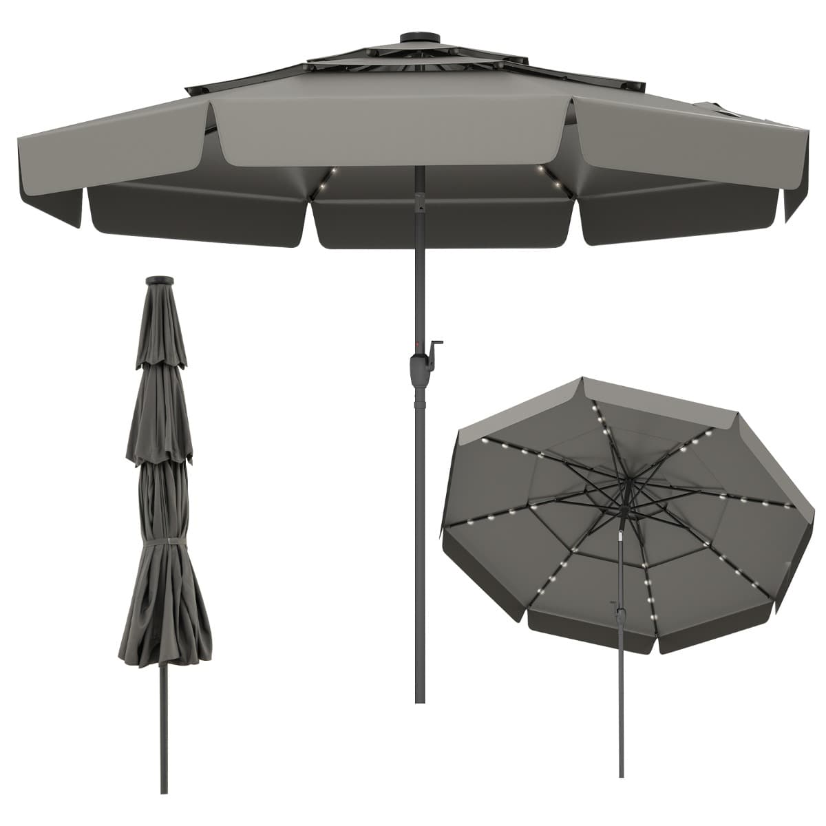 CostwayParasol de Terrasse Solaire de 300 cm avec 32 LED Toit Ventilé à 3 Niveaux Volants Réglage de l'Inclinaison 8 Balein Gris