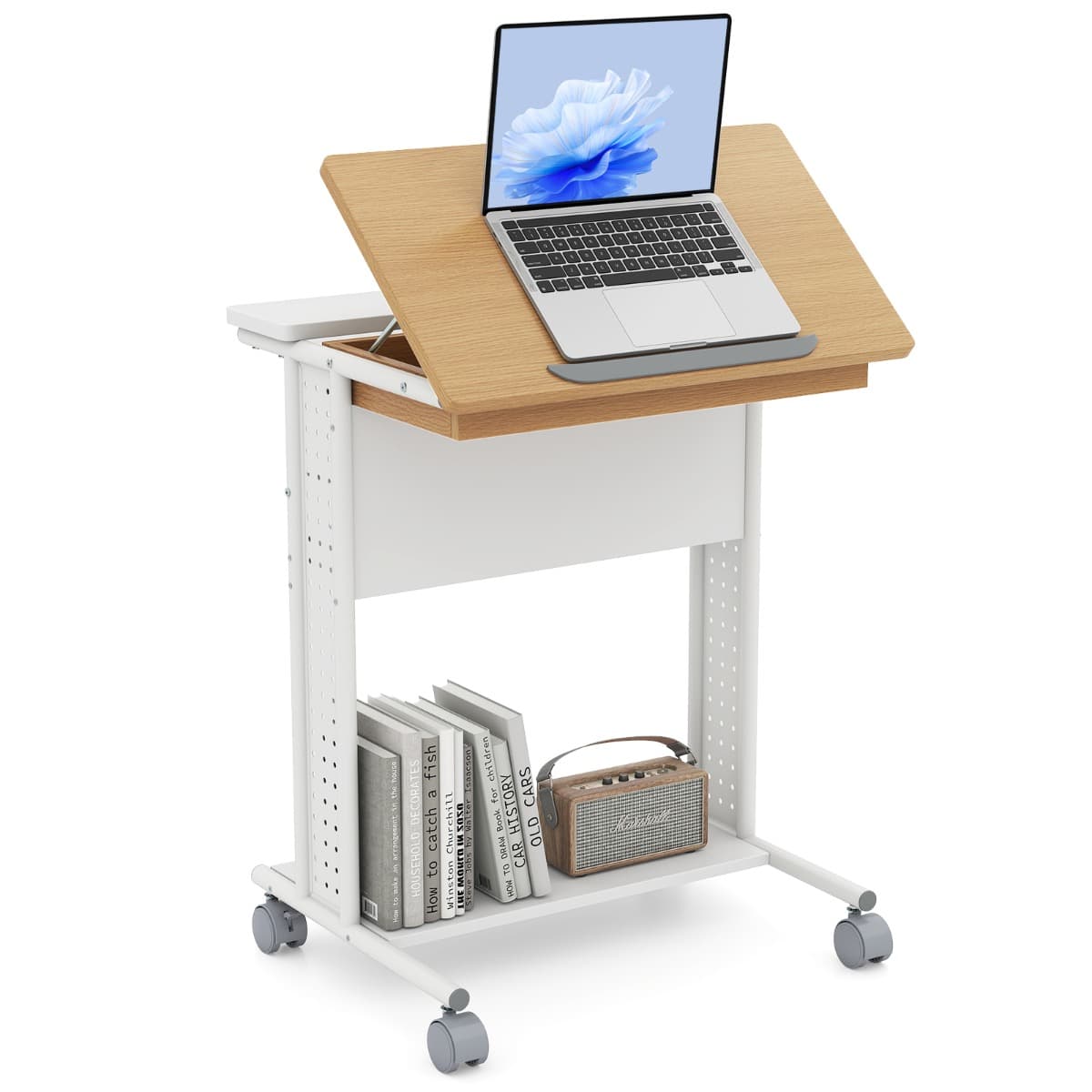 CostwayBureau Portable Roulant Bureau d'Ordinateur avec Plateau Inclinable Compartiment Caché Étagères de Rangement & Panneaux Perforés Naturel