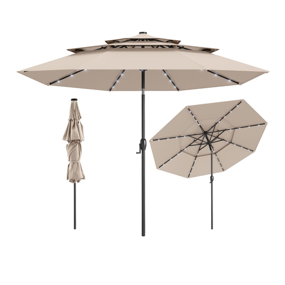 CostwayParasol de Patio Solaire de 313 cm avec 32 Lumières LED Toit Aéré à 3 Niveaux Réglage d'Inclinaison Manivelle Facile 8 Barres Beige
