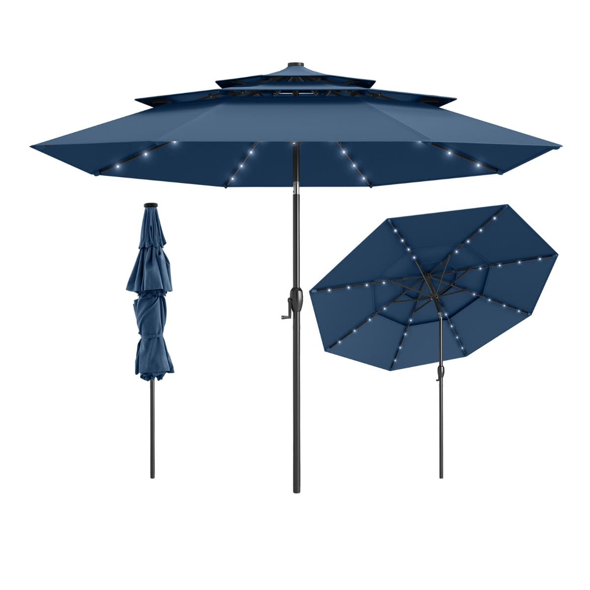CostwayParasol de Patio Solaire de 313 cm avec 32 Lumières LED Toit Aéré à 3 Niveaux Réglage d'Inclinaison Manivelle Facile 8 Barres Marine