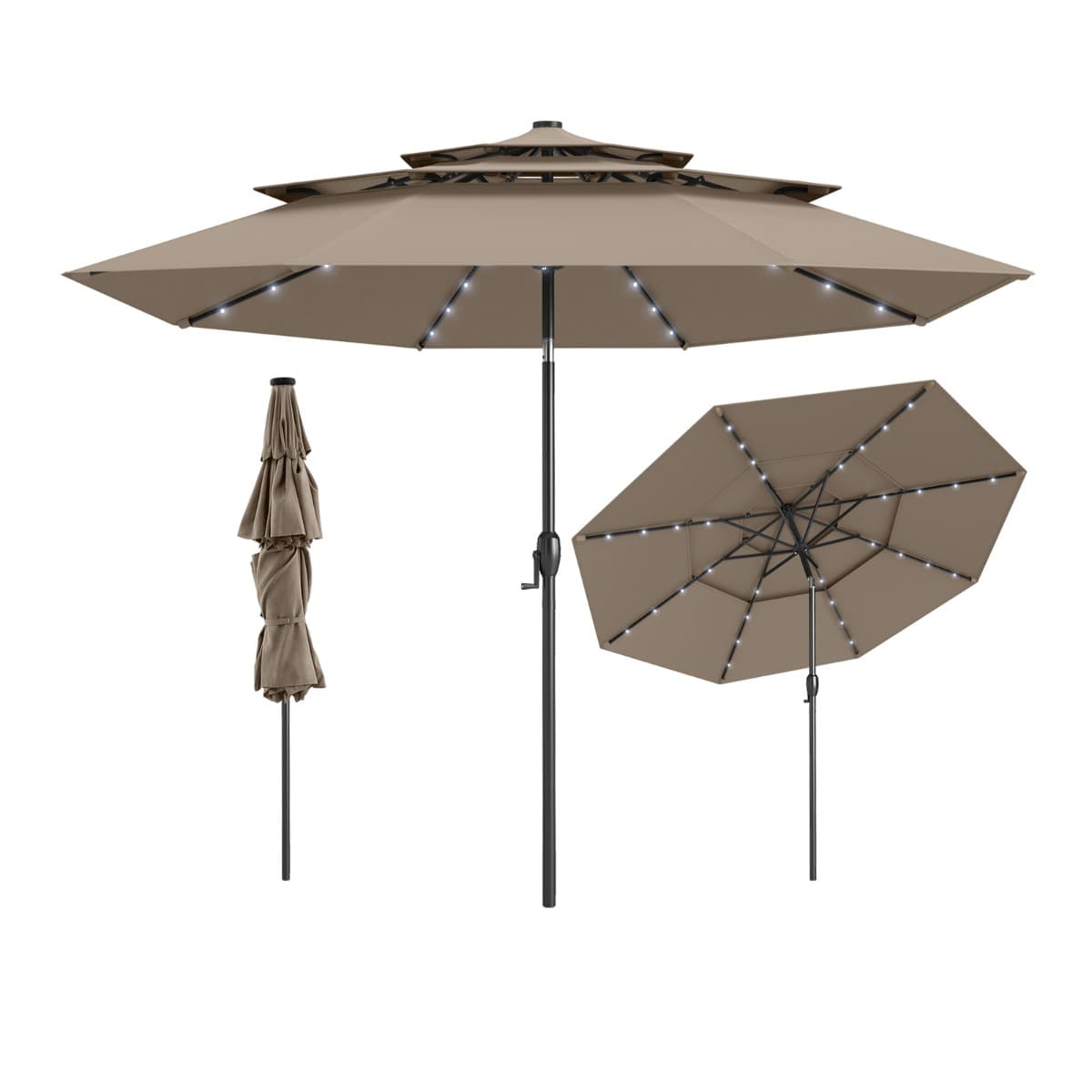 CostwayParasol de Patio Solaire de 313 cm avec 32 Lumières LED Toit Aéré à 3 Niveaux Réglage d'Inclinaison Manivelle Facile 8 Barres Marron